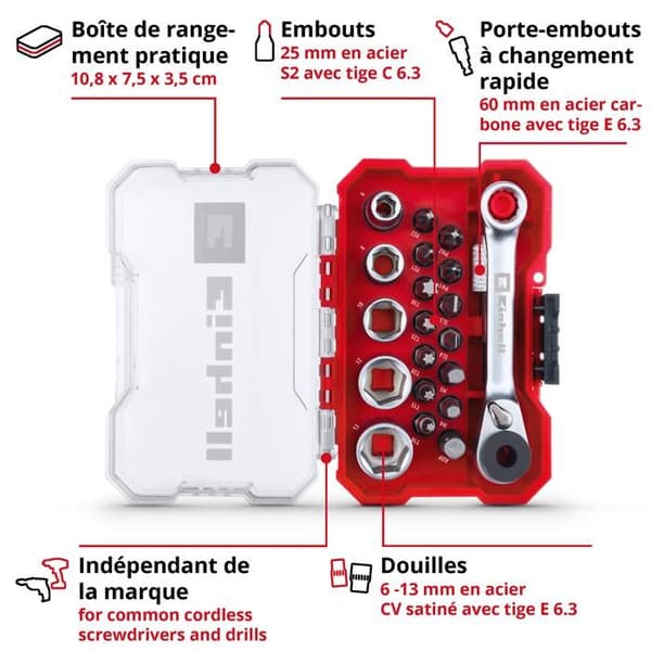 Einhell XS-CASE Förpackning med 21 skruvbits och hylsor