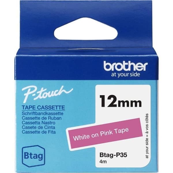 Tejp - BROTHER - BTAGP35 - Vit på rosa - 12 mm - Ej laminerad