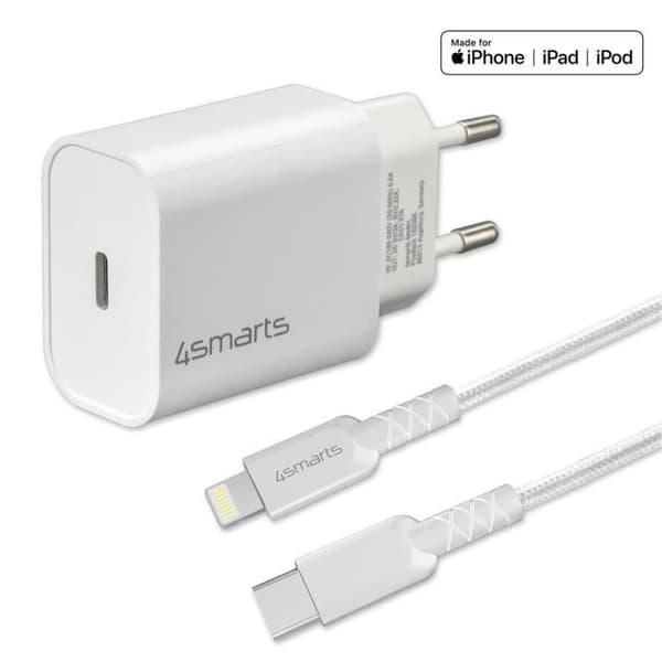 Laddare - 4SMARTS - VoltPlug - 20W - Lightning-kabel 1.5m - Snabbladdning USB Typ C