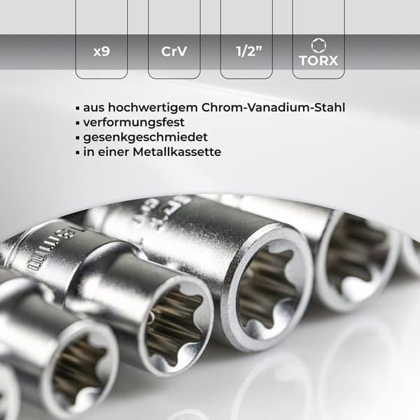Högert - HT1A880 - Hogert Torx Socket Set med 9 kromvanadinlegerade stål Argente Storlek 1/2" E10-E24 CRV