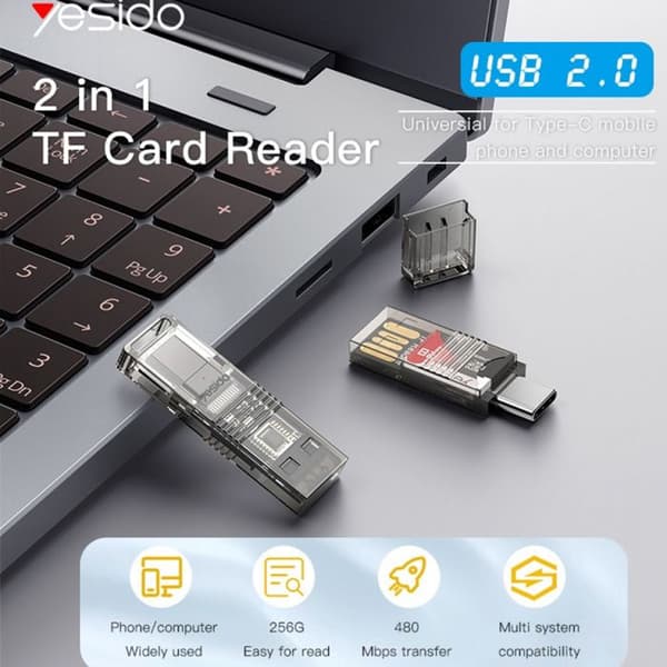 TF-kortläsare, USB, Typ-C, 480Mbps - Yesido (GS21) - Transparent