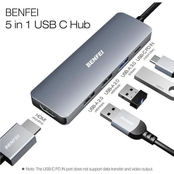 USB C-hub - BENFEI - HDMI 4K - 3 USB-portar - 100W Strömad - Vävd design