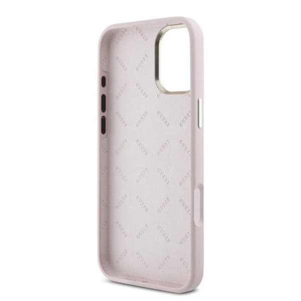 Guess Silikonfodral med Metallogotyp och Ram för iPhone 16 Plus - Rosa