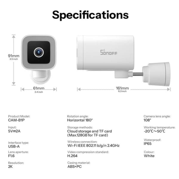 Utomhus Wi-Fi 2K säkerhetskamera Sonoff CAM-B1P Vit