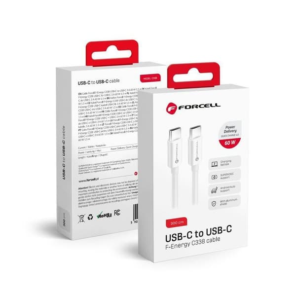 Snabb Laddningskabel USB-C 60W 300 cm - Power Delivery, Quick Charge 4.0, SuperVOOC, Android Auto® Datasyntonisering Vit