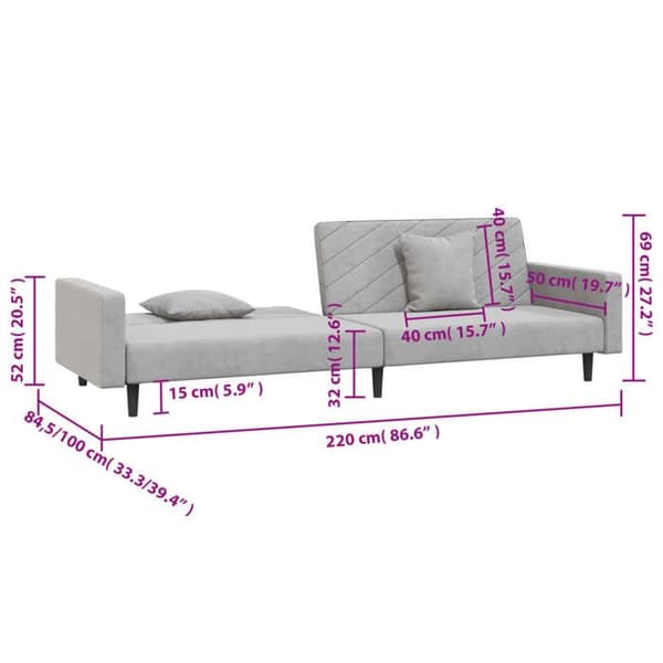 vidaXL 2-sits bäddsoffa med två kuddar ljusgrå sammet 375918