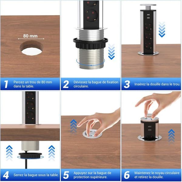 Dold uttag Dold uttag Arbetsyta 3 uttag 2 USB 80mm Kromad