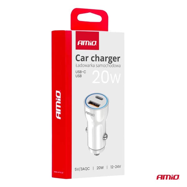 USB-A+ USB-C bil laddare 20 W AMIO-03881