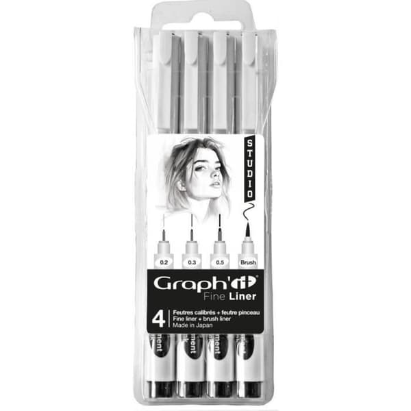 Påse med 3 Fine liners + 1 Black Studio-borste från Graph'It