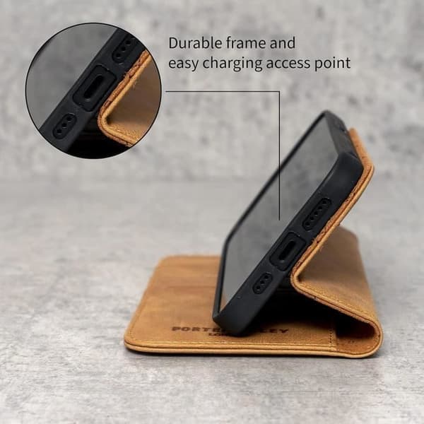Coque för iPhone 12 Pro Max - PORTER RILEY - Äkta läder Tan - Heltäckande skydd - Plånboksdesign