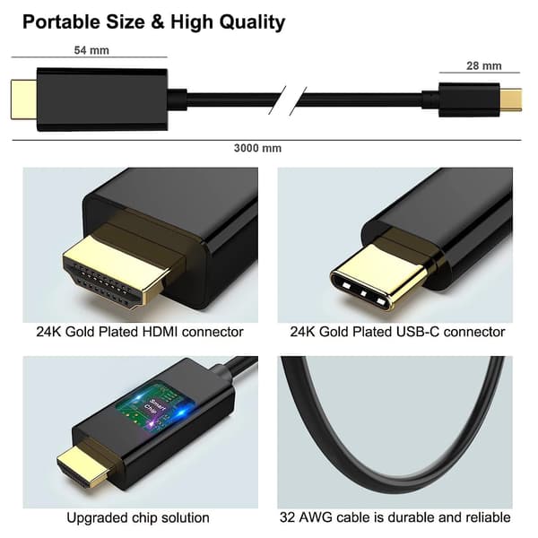 USB-C–HDMI-kaapeli 4K 60 Hz – 1,8 metriä Musta