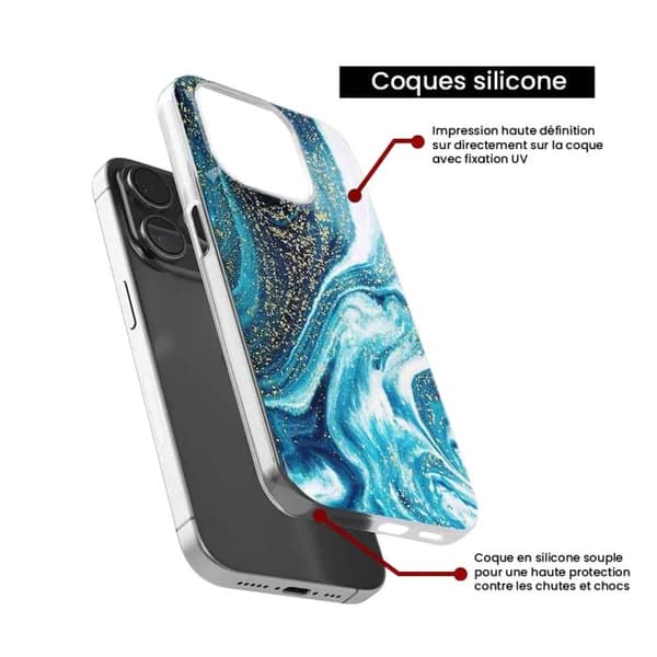 Tryckt silikonfodral som är kompatibelt med Apple iPhone 16 Pro Marble Blue Glitter