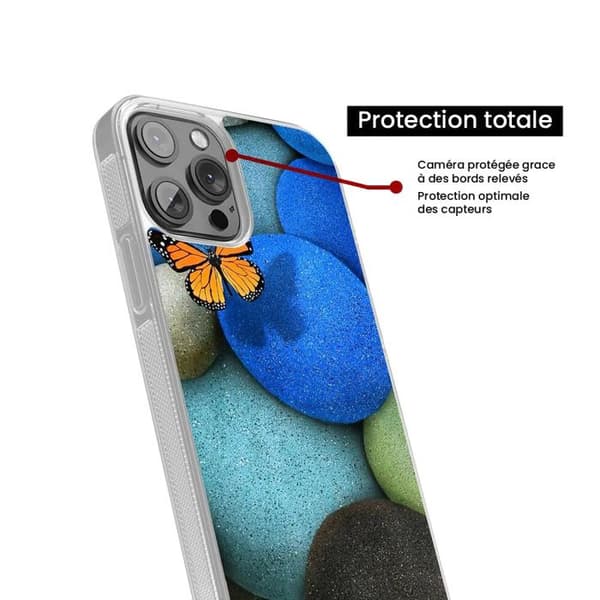 Silikonfoder med förstärkning och tryck kompatibel med Apple iPhone 14 Pro Fjäril blå pebbel