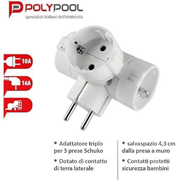 Kolmoisadapteri - POLY POOL - PP2350 - 3 pistorasiaa - Schuko - Valkoinen