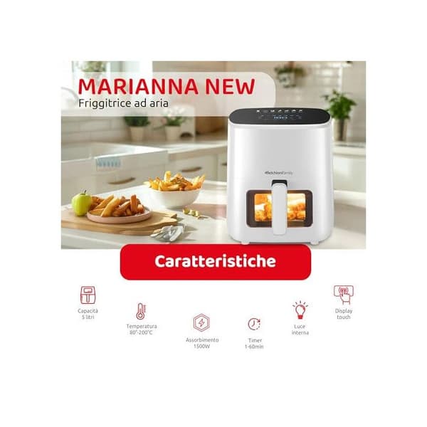 Melchioni Luftfritös Marianna Ny 5L 1500W Touchdisplay 7 Program Timer 60 min 80°-200°C Vit