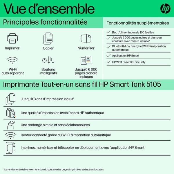 Multifunktionsprinter - HP - Smart Tank 5105 – Wi-Fi og Bluetooth - Blækbeholder – Farver