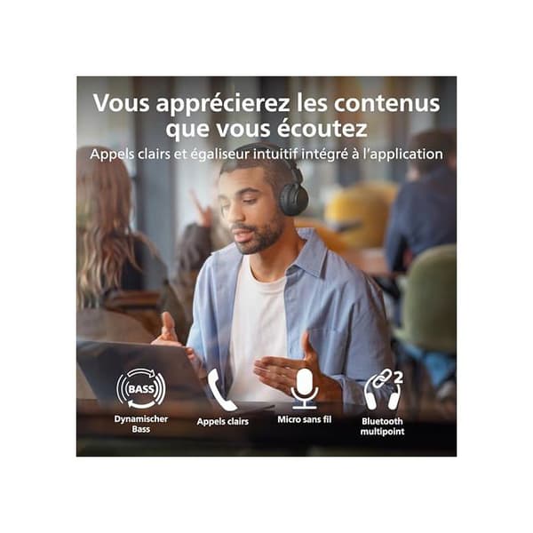 Over-ear headset - PHILIPS - TAH4000BK/00 - 70 timers batterilevetid - Bluetooth 6.0 Multipoint - Dynamisk bas 32 mm