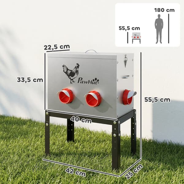 Hønsefoderautomat 18 kg med låsbart låg | Farve: Sølv | Mål: 25x42x55,5 cm