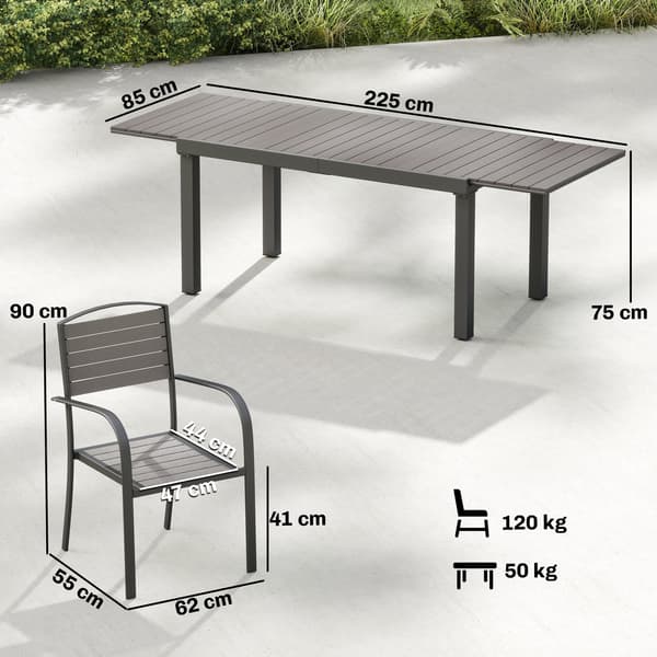 7-delt havesæt, udtrækbart bord og 6 stole | Farve: Grå | Mål: 85x225x75 cm