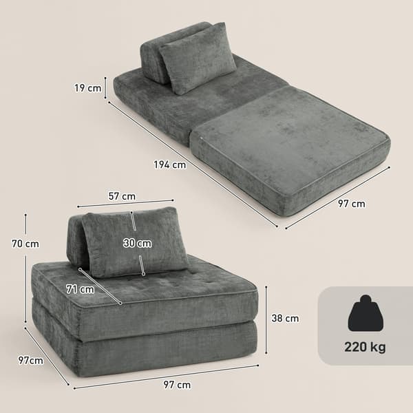2-in-1-makuutuoli - Chenille-alaistuin | Väri: Harmaa | Mitat: 97x97x70 cm