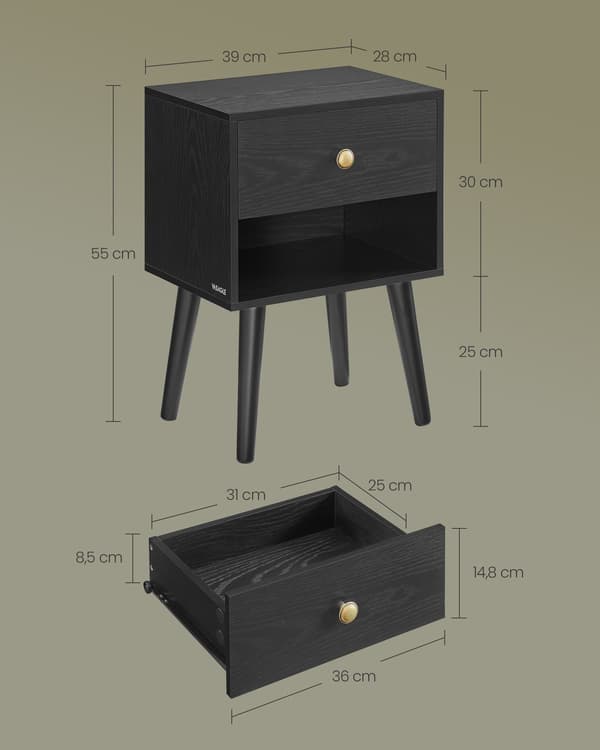 Sort sengebord med skuffe og åbent rum - MDF, spånplade - 28 x 39 x 55 cm