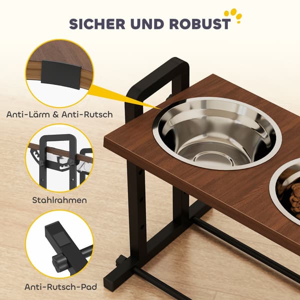 Justerbar hundefoderstand med 2 skåle i rustfrit stål | Farve: Brun, Sort | Mål: 26x48x36,5 cm