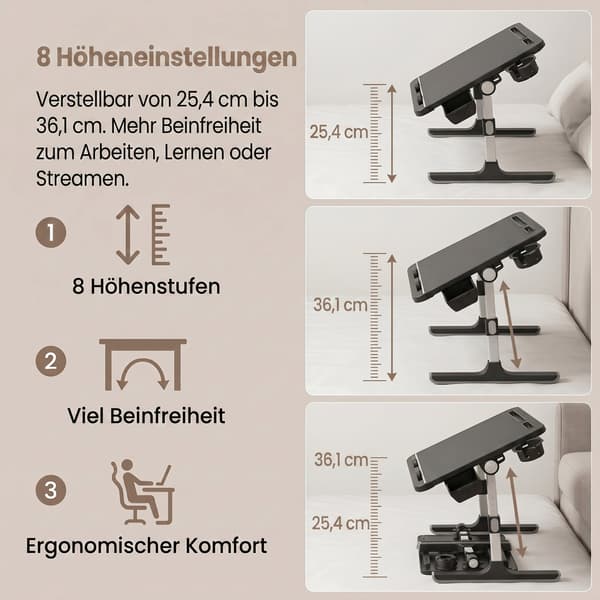 Højdejusterbart laptopstativ til seng og sofa | Sort | 56x40x25,5-36 cm