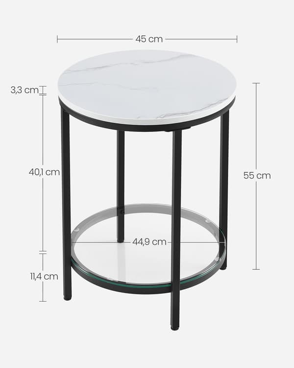 Sidebord 2 plan - hvid marmor look - sort stel - 45 x 55 cm