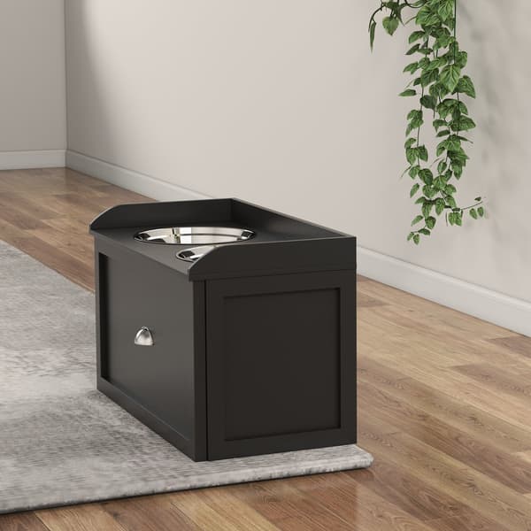 Foderstation til store hunde med 2 skåle og skuffe i rustfrit stål | Farve: Sort | Mål: 60x30x36 cm