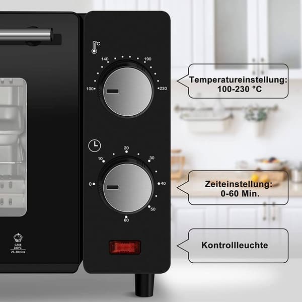 Miniovn 10 liter 800 W med timer og bageplade | Sort | 37x21x26 cm