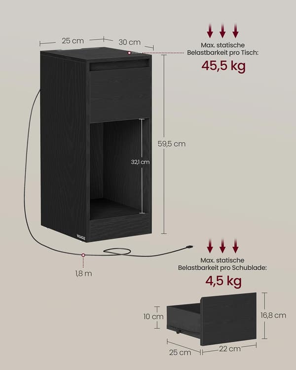 2-delt sæt sorte sengeborde - MDF træ - 30 x 25 x 59,5 cm