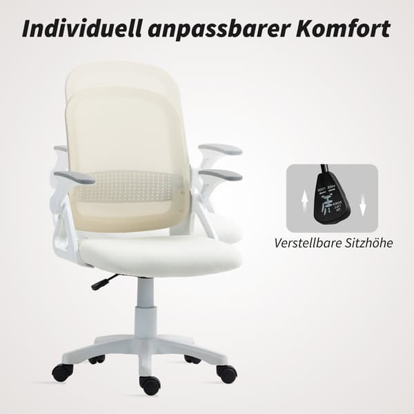 Ergonomisk mesh kontorstol med foldbare armlæn | Farve: Hvid | Mål: 57,5x60x91-101 cm