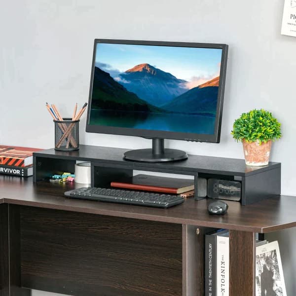 Monitorstativ med opbevaringsplads | Farve: Sort | Mål: 23,5x80-117x10 cm