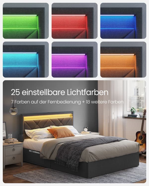 Seng med ladestation - grå-sort - stålstel - 200x140 cm