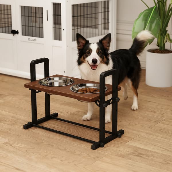Justerbar hundefoderstand med 2 skåle i rustfrit stål | Farve: Brun, Sort | Mål: 26x48x36,5 cm