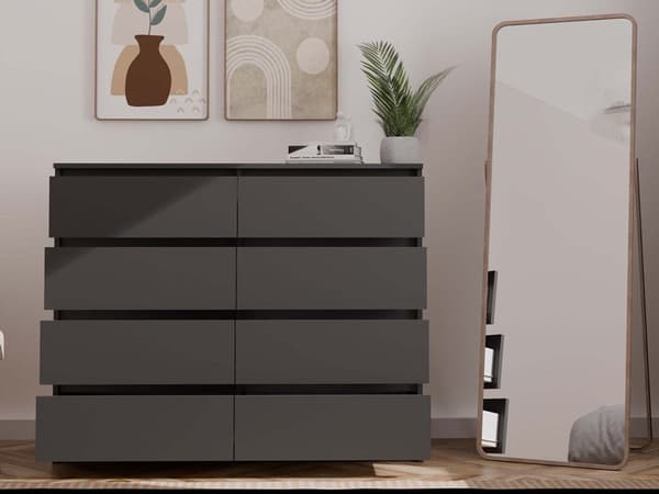 Moderne kommode med 8 skuffer MALWA M8 120 – Rummelig kommode, grebsløst design | Farve: Sort