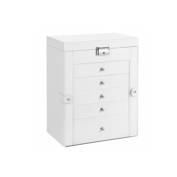 Vit smyckeskrin - Organizer - MDF - Sammetsfoder - Stor spegel - 26 x 15,5 x 32 cm