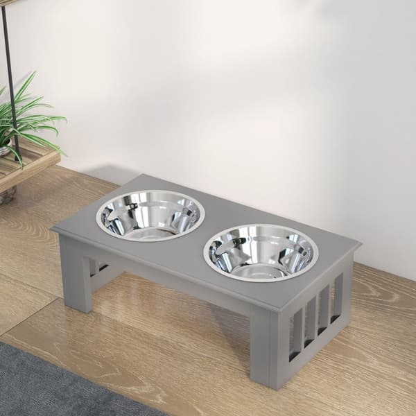 Hundefoderstand med 2 skåle i rustfrit stål | Farve: Grå/Sølv | Mål: 24x44x15 cm