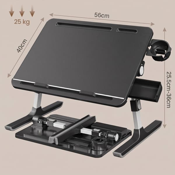 Højdejusterbart laptopstativ til seng og sofa | Sort | 56x40x25,5-36 cm