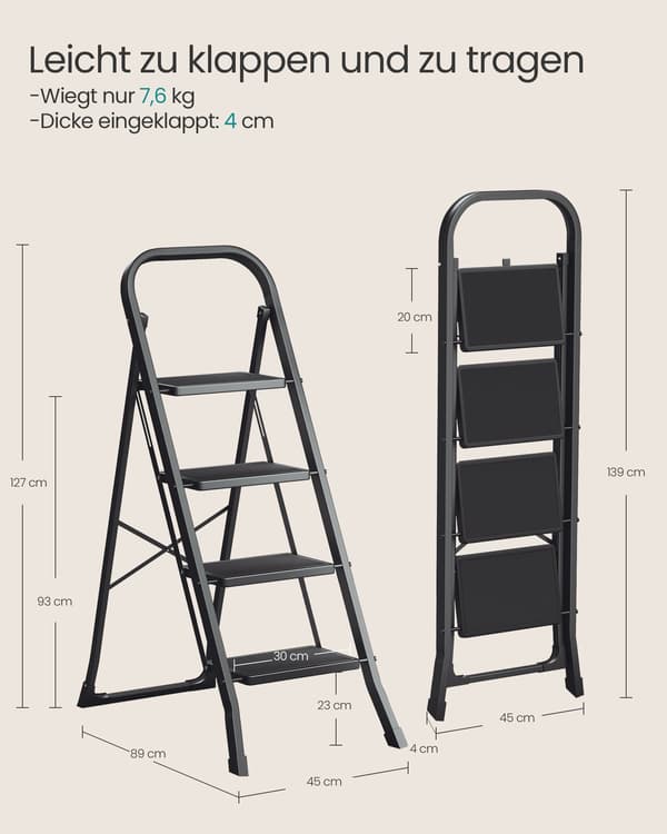 Sammenklappelig trappestige med 4 trin og foldebeskyttelse | Sort | 45x89x127 cm