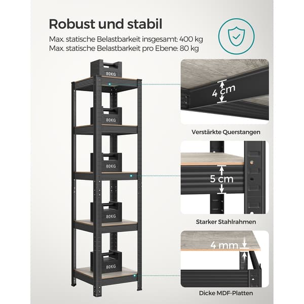 3-lags reol - greige sort - stål MDF - 37x37x150 cm