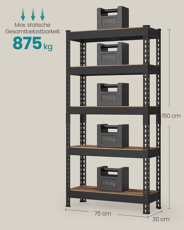 Zware 5-laags stellingkast van staal - 30x75x150 cm
