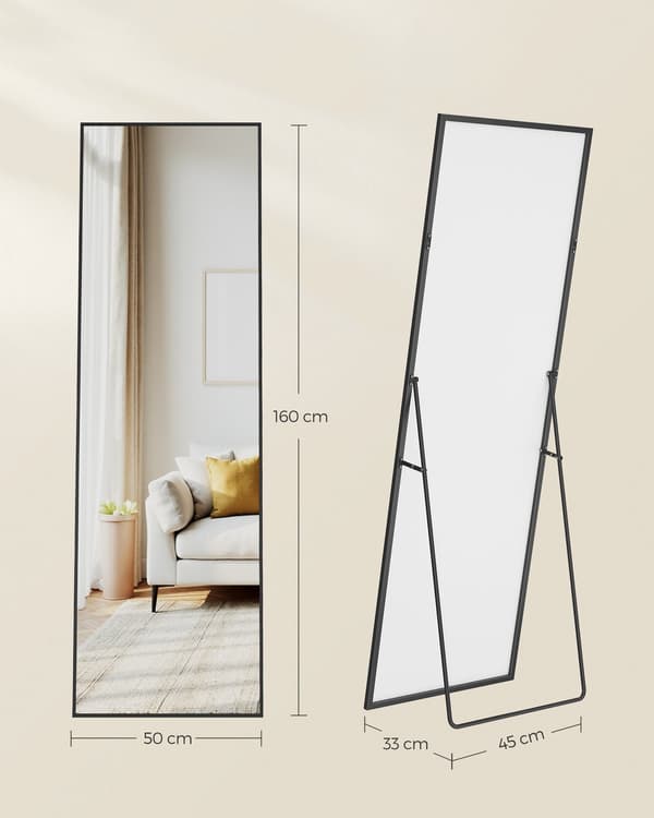Rektangulär helkroppsspegel med robust ram | Nyanssvarta | 160x50 cm