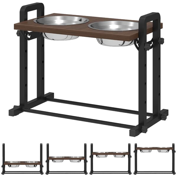 Justerbar hundefoderstand med 2 skåle i rustfrit stål | Farve: Brun, Sort | Mål: 26x48x36,5 cm