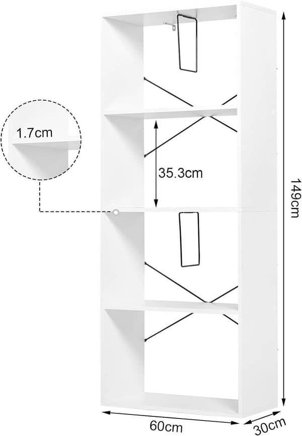 Reol med 4 niveauer og vippebeskyttelse | Hvid | 60x30x149 cm