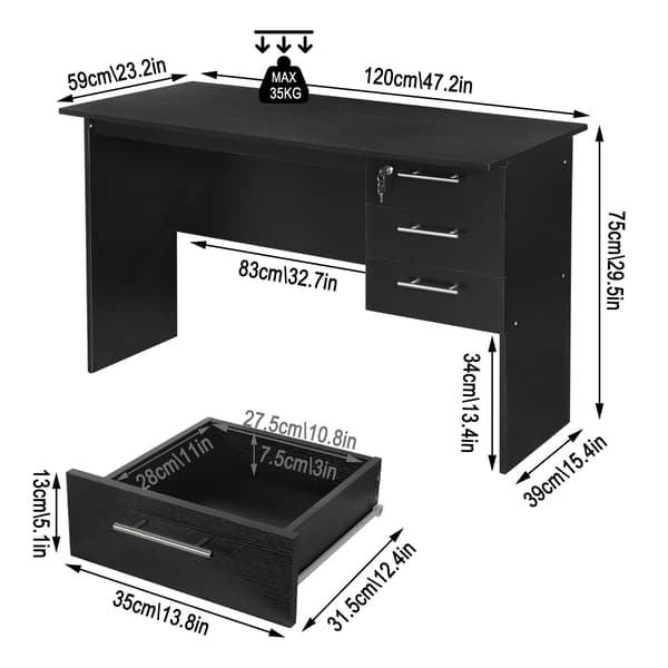 Skrivebord med 3 skuffer og lås | Sort | 120x60x75 cm
