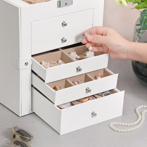 Vit smyckeskrin - Organizer - MDF - Sammetsfoder - Stor spegel - 26 x 15,5 x 32 cm