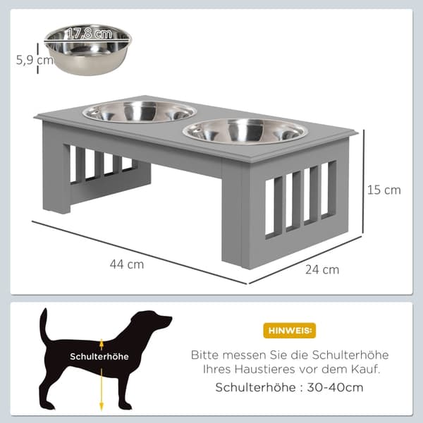 Hundefoderstand med 2 skåle i rustfrit stål | Farve: Grå/Sølv | Mål: 24x44x15 cm