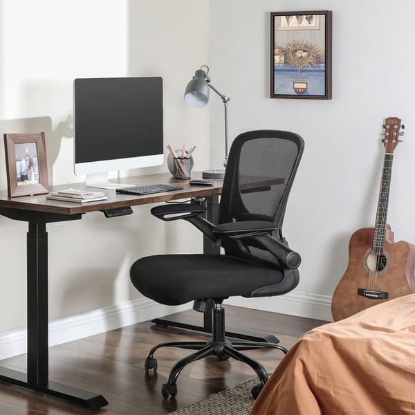 Kontorstol med foldbare armlæn, ergonomisk, mesh, sort, 66 x 60 x 99-107 cm