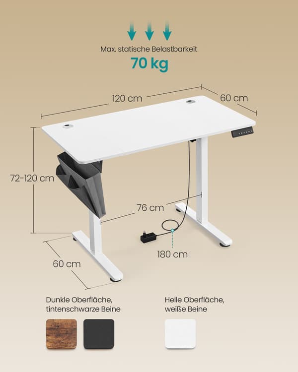 Elektrisk sidde-stå skrivebord, justerbart, spånplade/stål, 60 x 120 cm, sky hvid